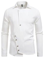 Men's white long sleeve shirt with asymmetrical button detail and classic collar.