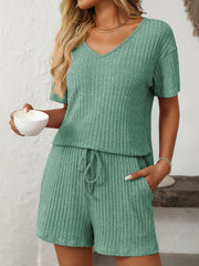 Ribbed V-neck loungewear set in Gum Leaf green with drawstring shorts and short sleeves.