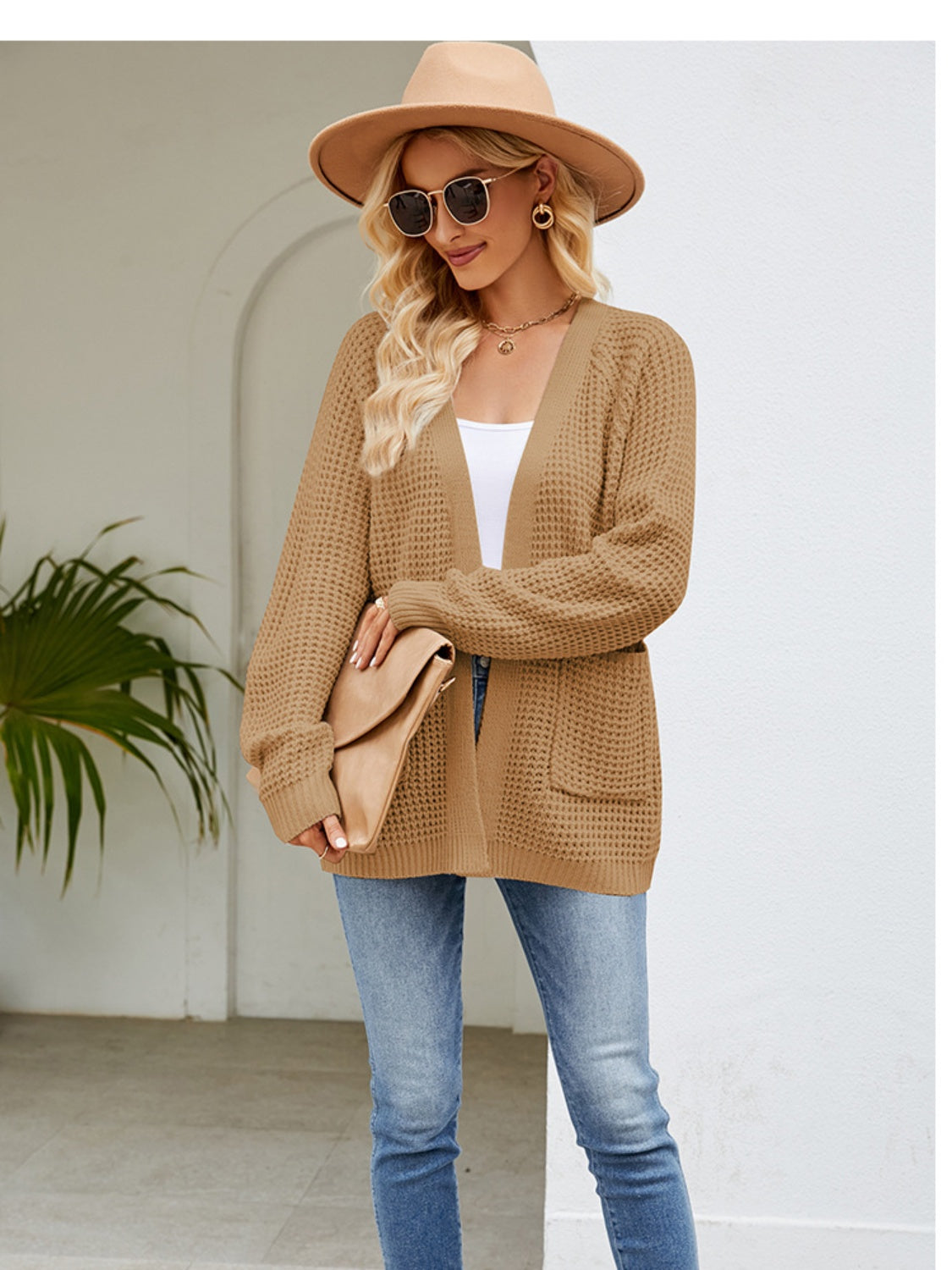 Khaki waffle knit cardigan with patch pockets and open front, acrylic material.