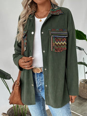 Army green corduroy overshirt with embroidered statement pockets and collar detail.
