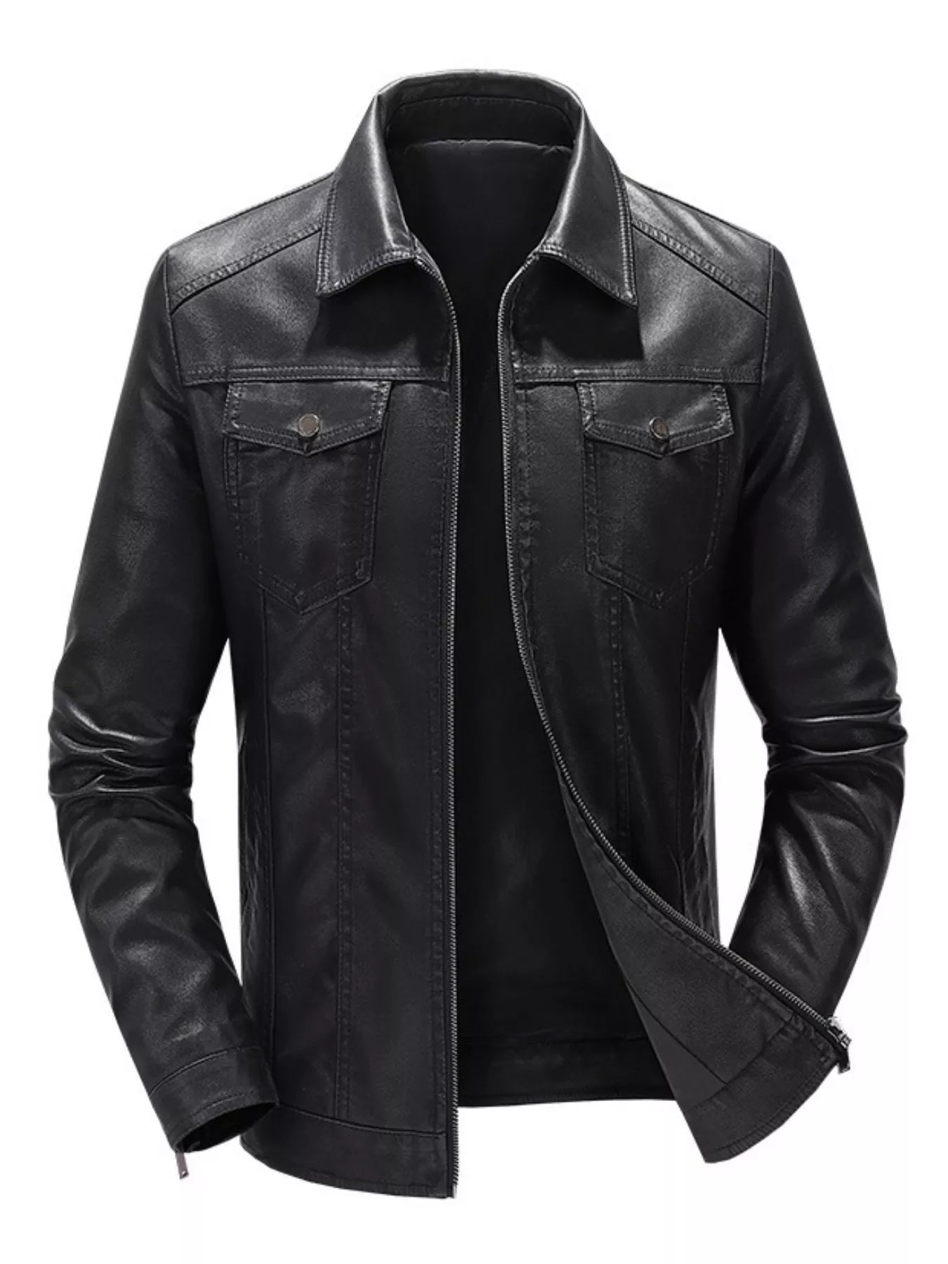 Black leather zip-up jacket with buttoned chest pockets and a pointed collar.