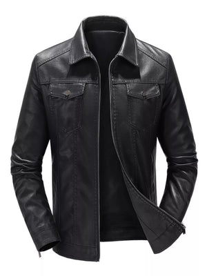Black leather zip-up jacket with buttoned chest pockets and a pointed collar.