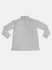 Light Gray ribbed knit quarter-zip pullover sweater with a mock neck.