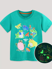 Toddler t-shirt with colorful frog print and glow-in-the-dark detail.