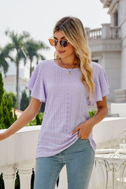 Lilac eyelet flounce sleeve crew neck top with allover dot pattern