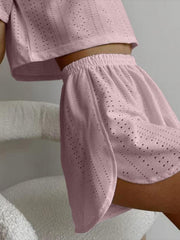 Dusty pink perforated crop top and shorts set with elastic waist shorts