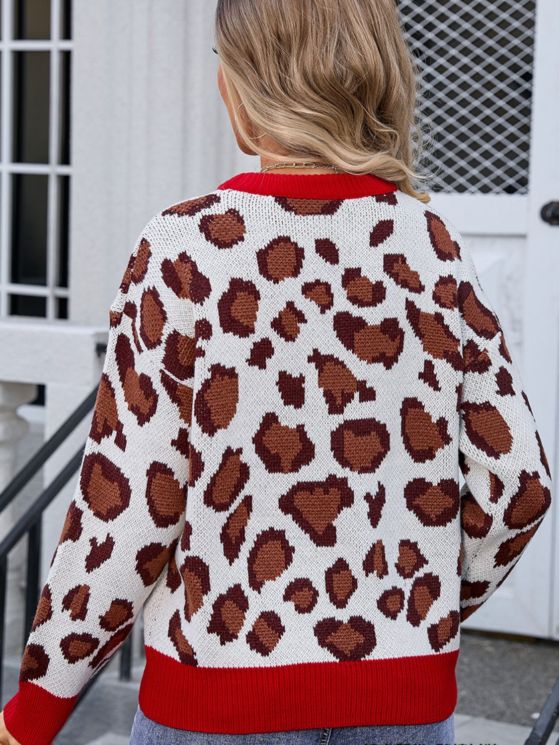 Leopard print knit sweater with red trim and collar.