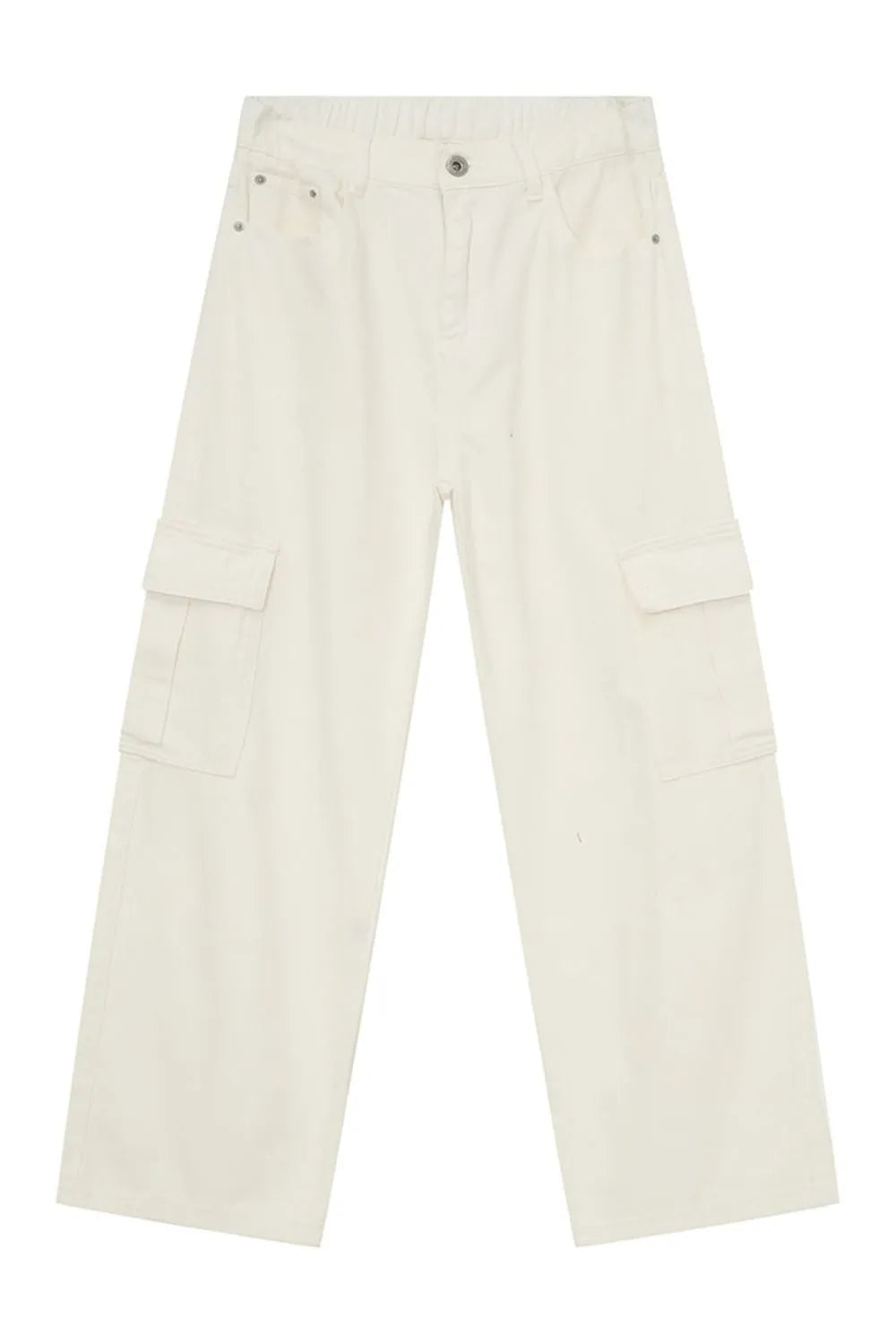 Ivory cargo pants with elastic waistband and side cargo pockets