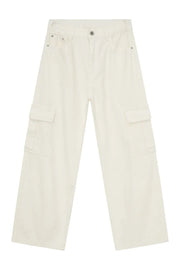 Ivory cargo pants with elastic waistband and side cargo pockets