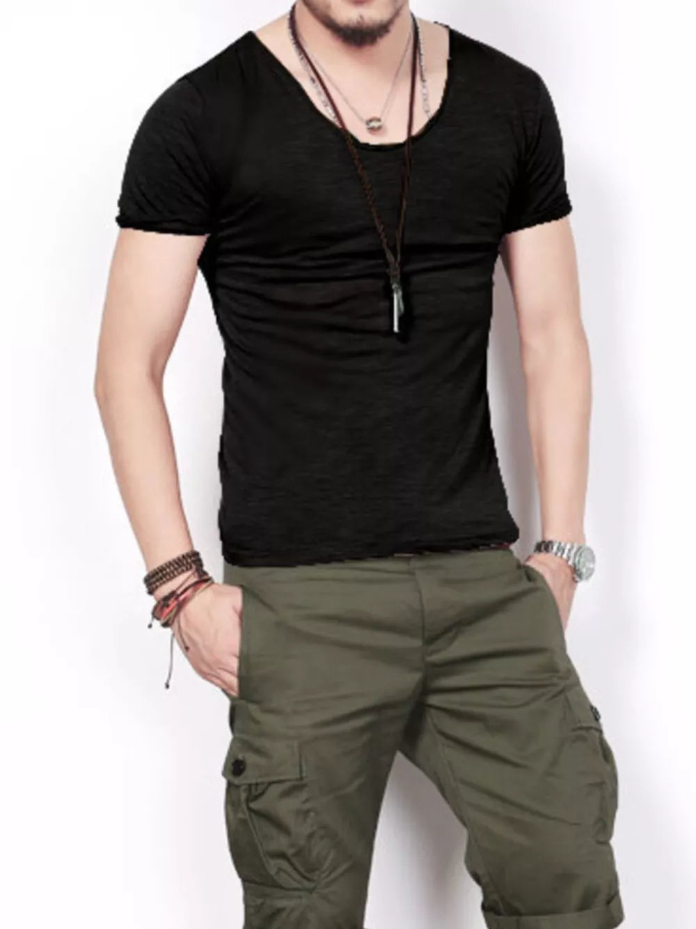Men's black relaxed scoop neck casual tee with short sleeves.