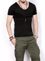 Men's black relaxed scoop neck casual tee with short sleeves.