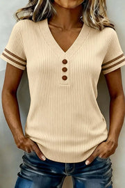 Beige ribbed knit tunic top with V-neck and button details, short sleeves with stripes