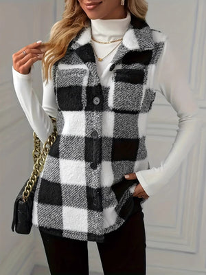 Textured black and white buffalo check buttoned vest jacket with collar.