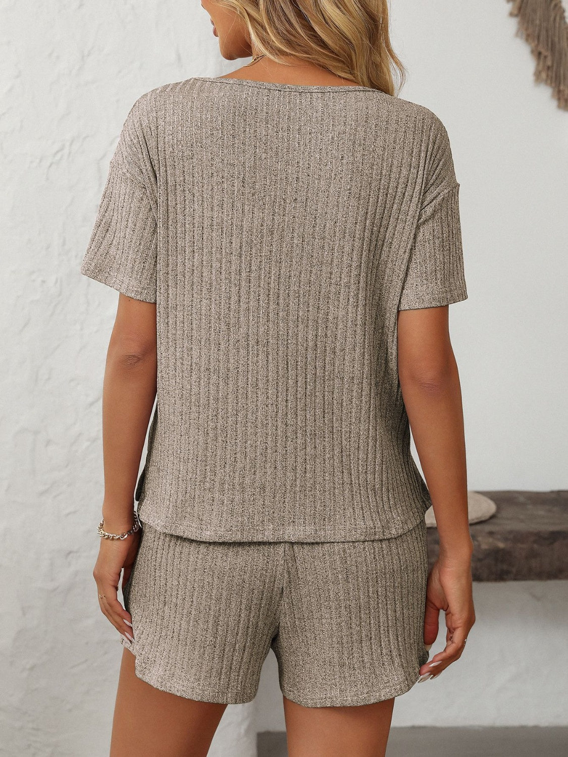 Ribbed V-neck loungewear set in Khaki with short sleeves and matching shorts.
