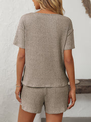 Ribbed V-neck loungewear set in Khaki with short sleeves and matching shorts.