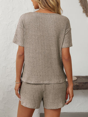 Ribbed V-neck loungewear set in Khaki with short sleeves and matching shorts.
