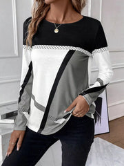 Geometric panel long sleeve t-shirt in black, white, and gray with chevron detail.