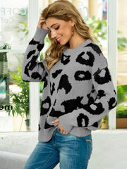 Grey leopard intarsia crewneck sweater with long sleeves and a relaxed fit.
