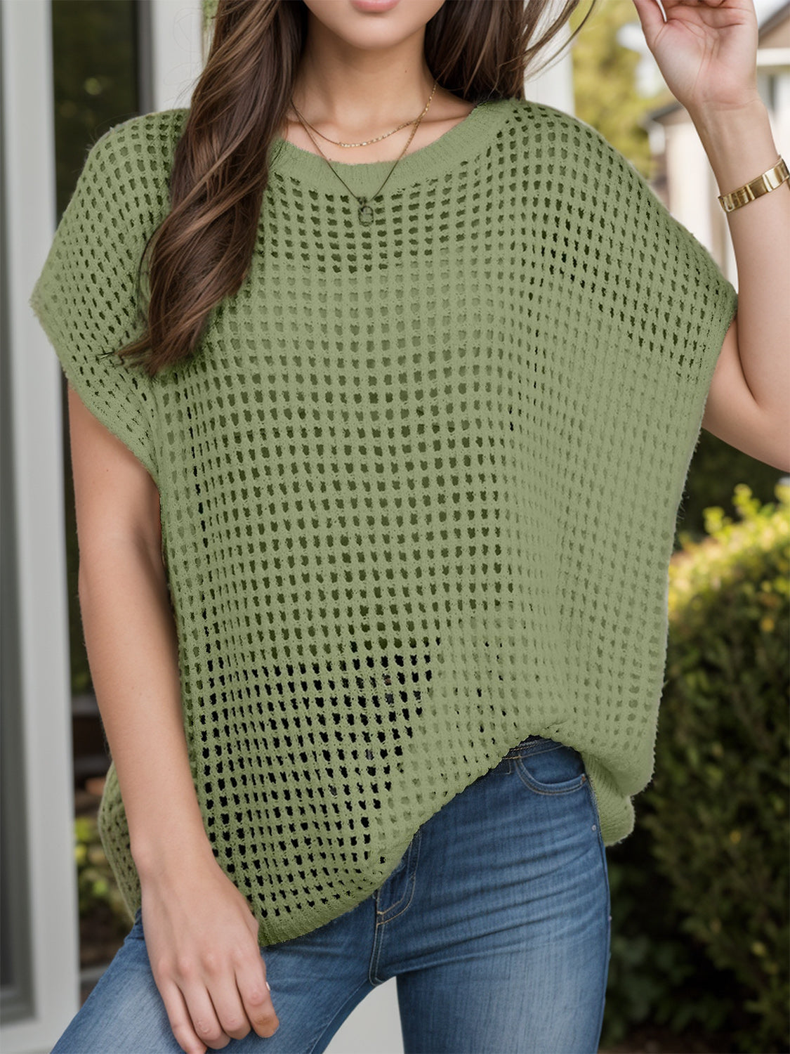 Moss open-knit boxy top with short sleeves and a relaxed fit.