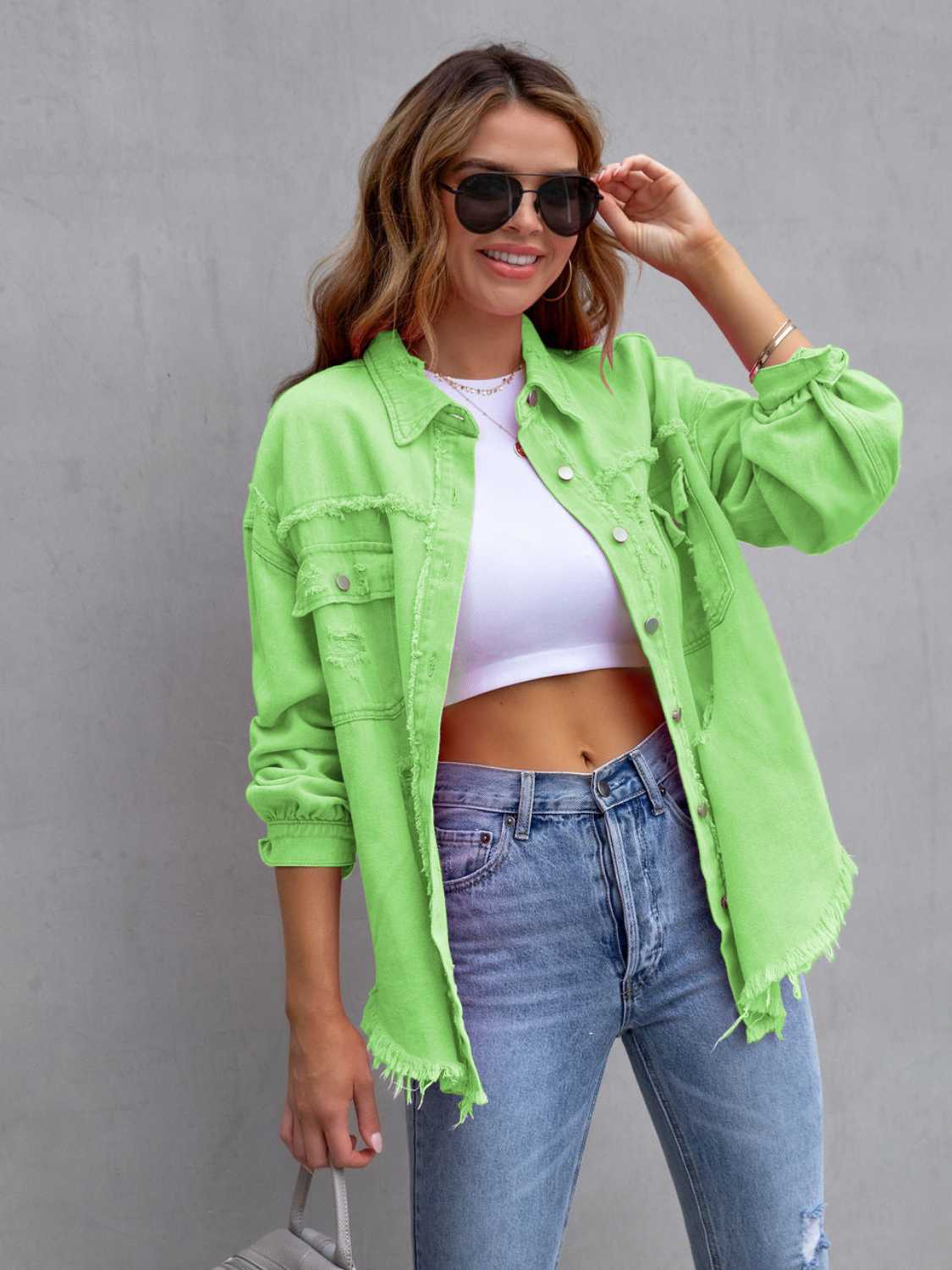 Green Apple distressed denim shacket with frayed hem and cuffs.