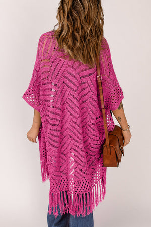 Hot Pink open knit chevron fringe cardigan with short sleeves and a relaxed fit.