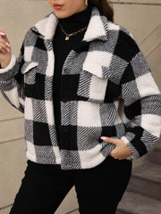 Black and white plaid shacket with fluffy collar and chest pockets.