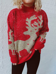Red glitter knit sweater with gold reindeer graphic and mock neck.