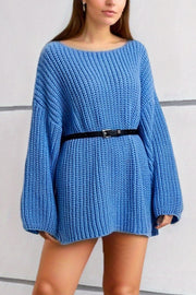 Sky blue ribbed knit oversized mini dress with boat neck and black belt