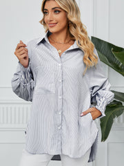 Stripe balloon sleeve button-up shirt with ruched cuffs and chest pockets.