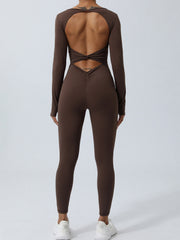 Chocolate long sleeve sculpting jumpsuit with open back detail and ruched bum.
