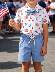 Baby patriotic shirt with American flag and star print, blue bow tie, and matching blue shorts with drawstring.
