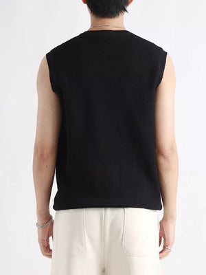 Black textured knit men's tank top with a crew neck and sleeveless design.