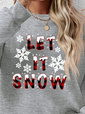 Gray crewneck sweatshirt with "Let It Snow" graphic and snowflakes.