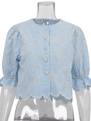 Charming Floral Embroidery Puff Sleeve Shirt