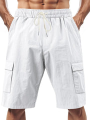 White relaxed fit drawstring cargo shorts with utility pockets