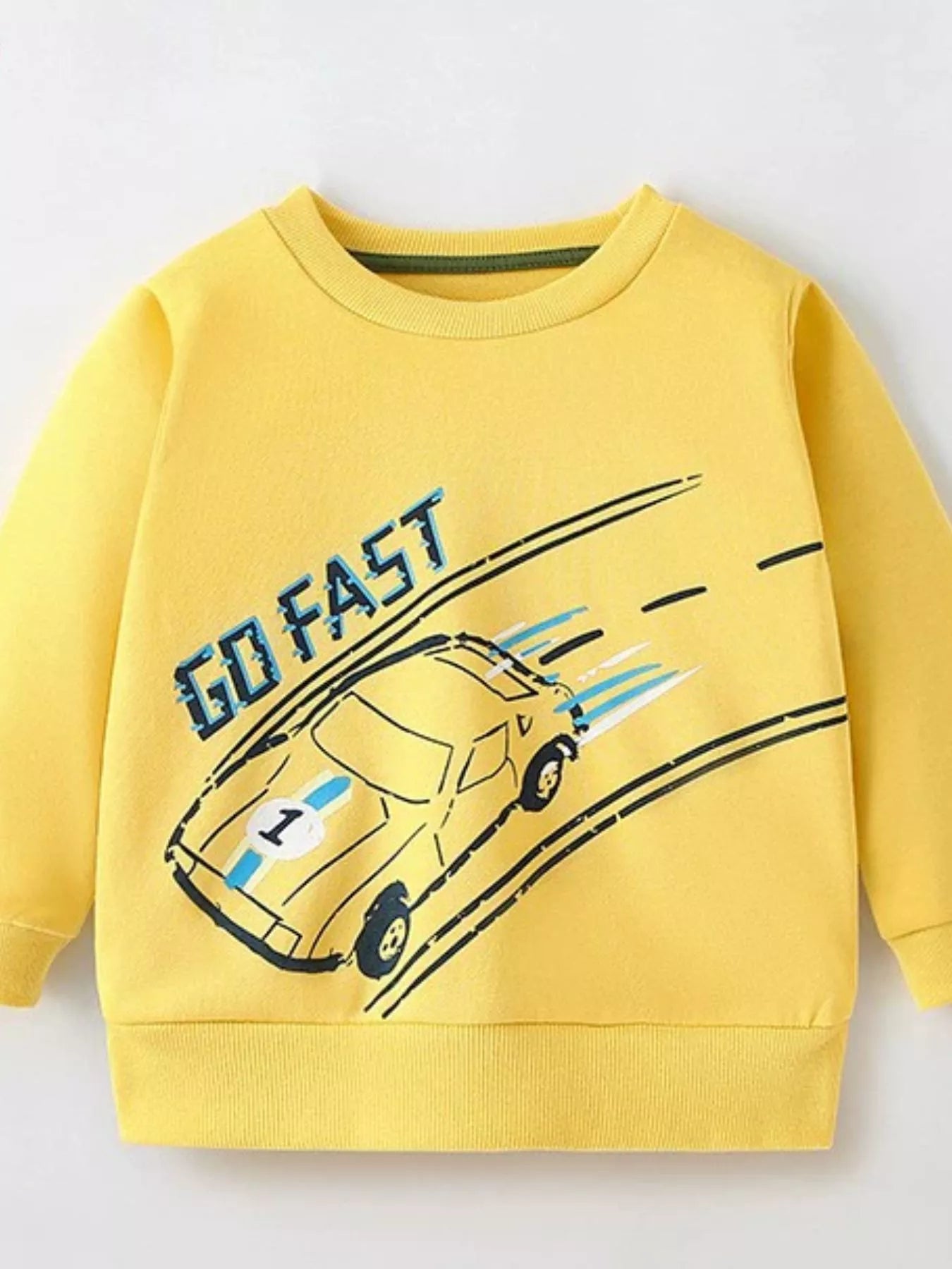 Kids' yellow cotton crew neck sweatshirt with a car print and GO FAST text.