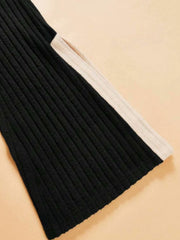 Black ribbed knit loungewear set with tan stripe detail on leg hem