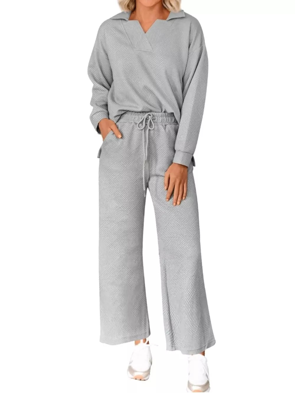 Gray V-neck textured lounge set with diagonal pattern, drawstring waist pants and long sleeve top.