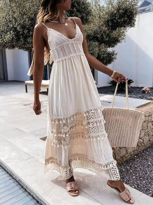 White crochet cami maxi dress with tiered fringe and lace details.