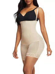 Apricot lace-trimmed shaping romper with shorts and adjustable straps.