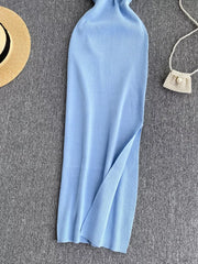 Light blue ribbed knit midi dress with a side slit and cutout detail.