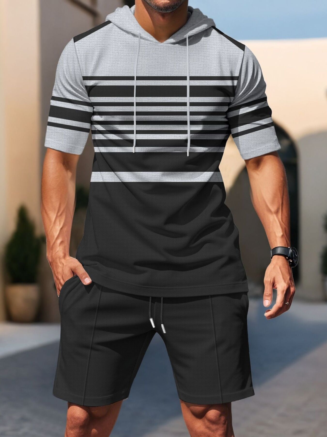 Men's Striped Short Sleeve Hoodie And Shorts Set, front view