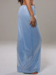 Light blue sequin wide leg pants with drawstring waist.