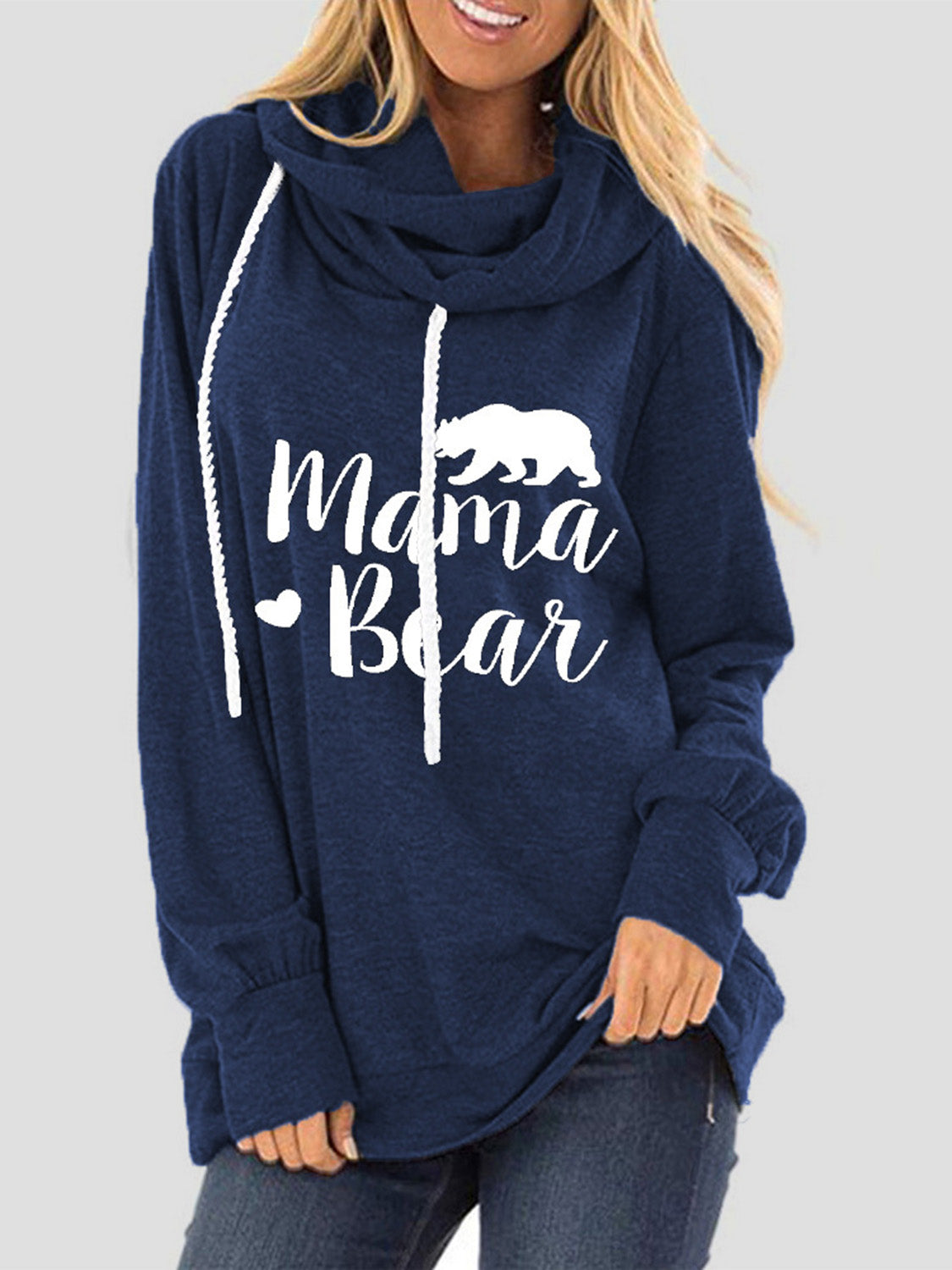 Dark Blue Mama Bear graphic cowl neck hoodie with white drawstrings and text.