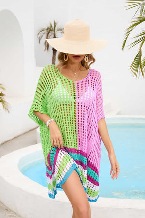 Meshed edge scoop neck half sleeve cover-up in pink and yellow-green with striped hem
