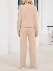 Striped Round Neck Sweatshirt And Pants Set in Black, back view