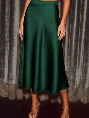 Dark green satin midi skirt with a flowing A-line cut.
