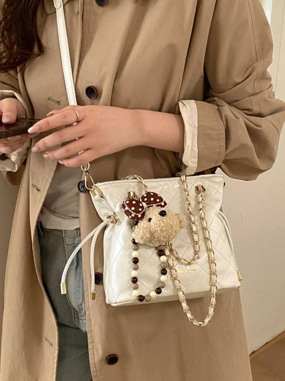 Pu Leather Crossbody Bag in White, back view