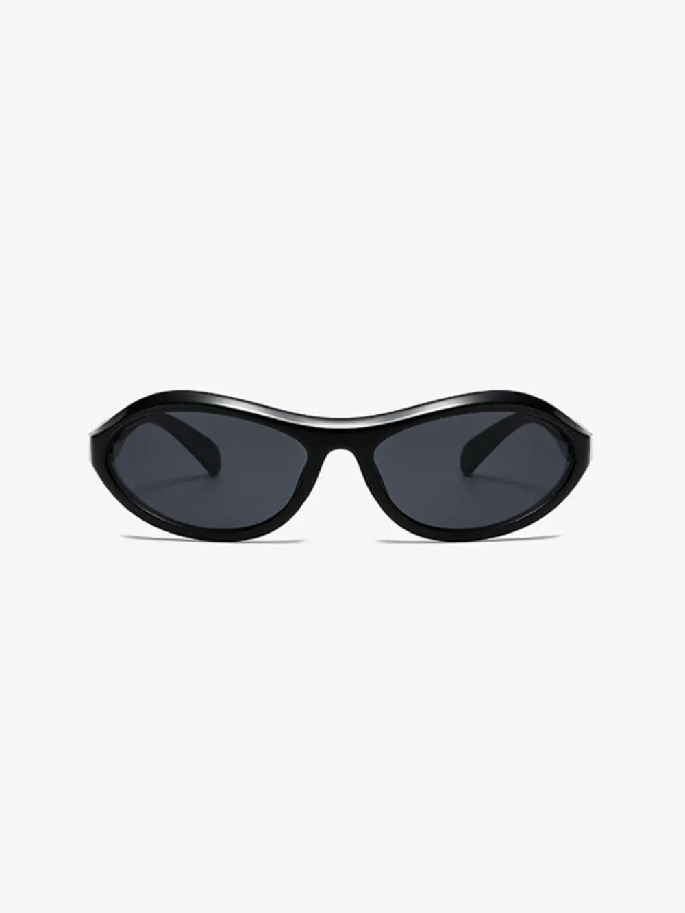 Black sculpted oval lens sunglasses with dark lenses