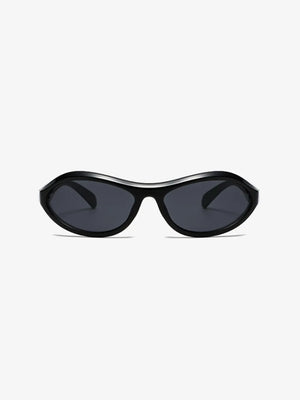 Black sculpted oval lens sunglasses with dark lenses